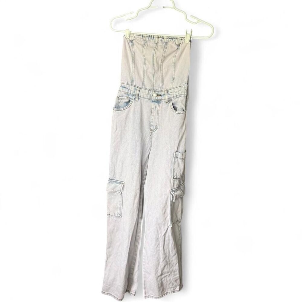 Strapless Lilac Wash Denim Jumpsuit Cargo Wide Leg Y2K Size XXS. Wild Fable